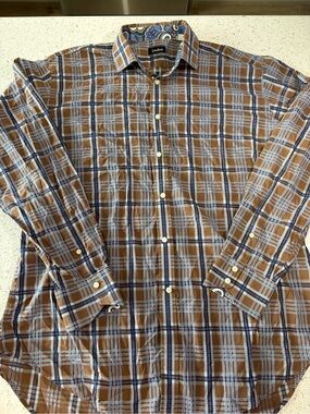 Neiman Marcus Men’s Plaid Button Down Shirt Paisley Contrast Cuffs